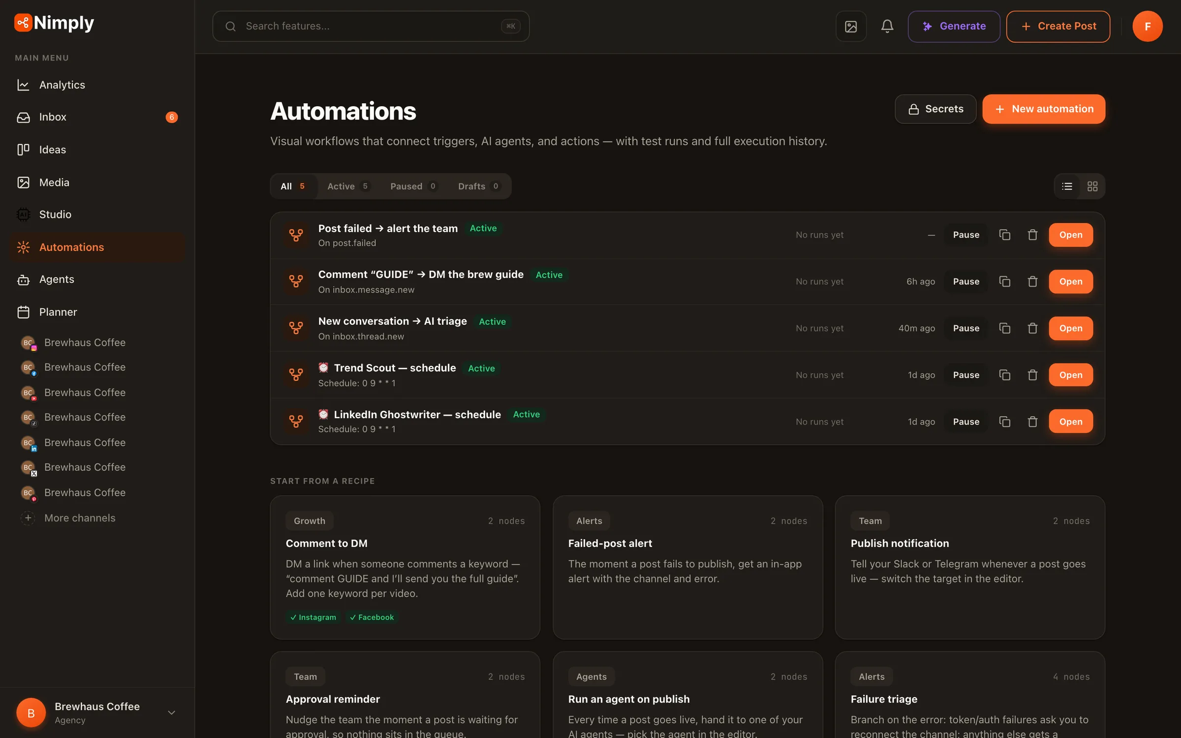 The Nimply automations list with a comment-to-DM workflow among the active automations