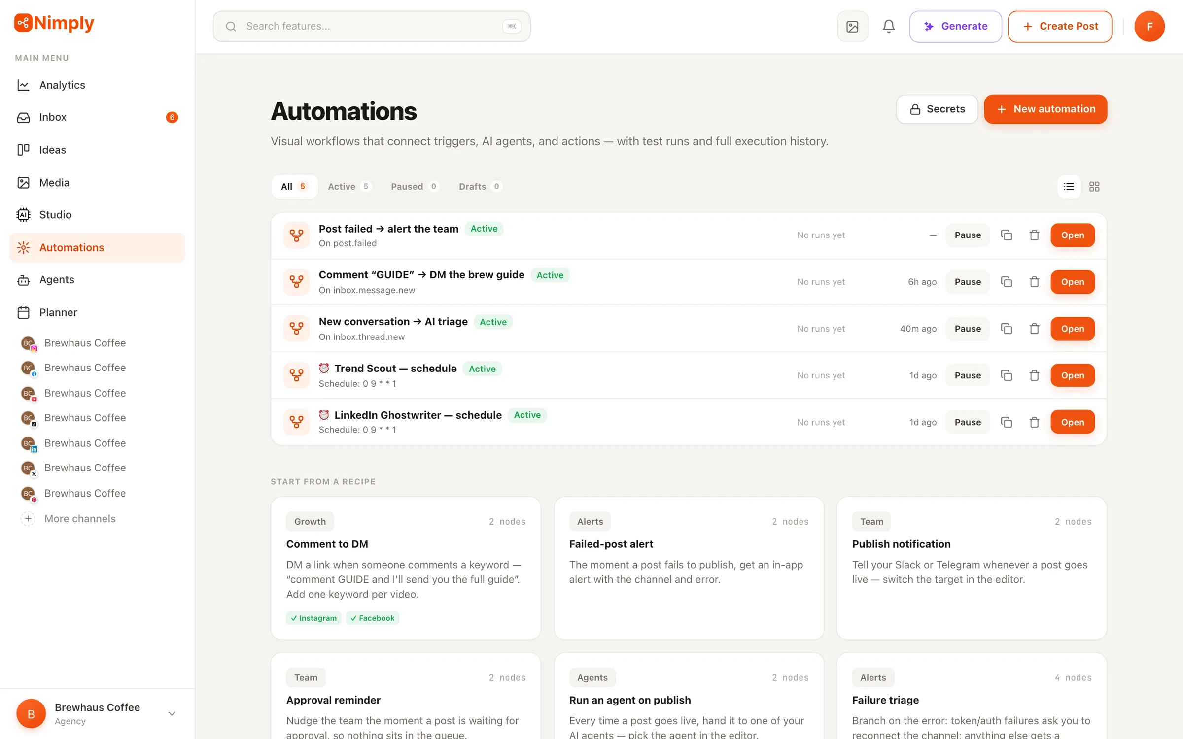The Nimply automations list with a comment-to-DM workflow among the active automations