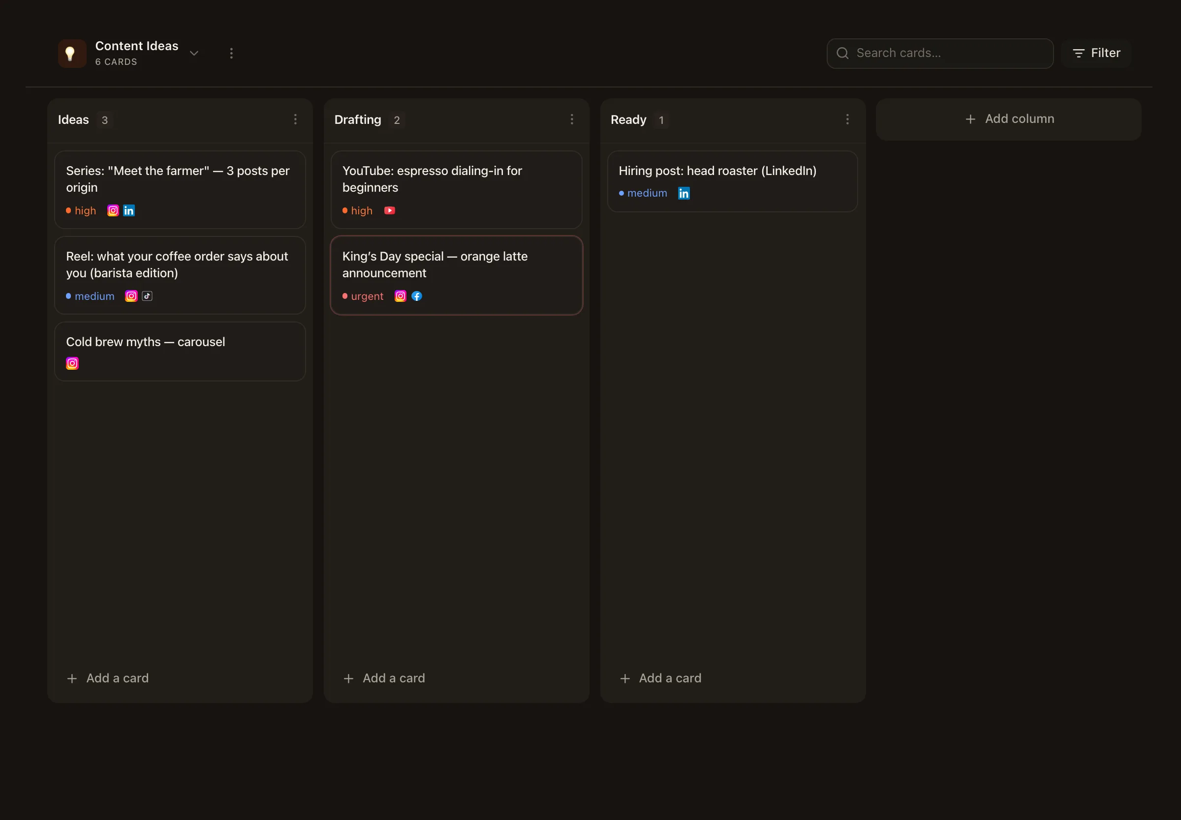 The Nimply Ideas board with Trend Scout's sourced angle cards arranged in a kanban view