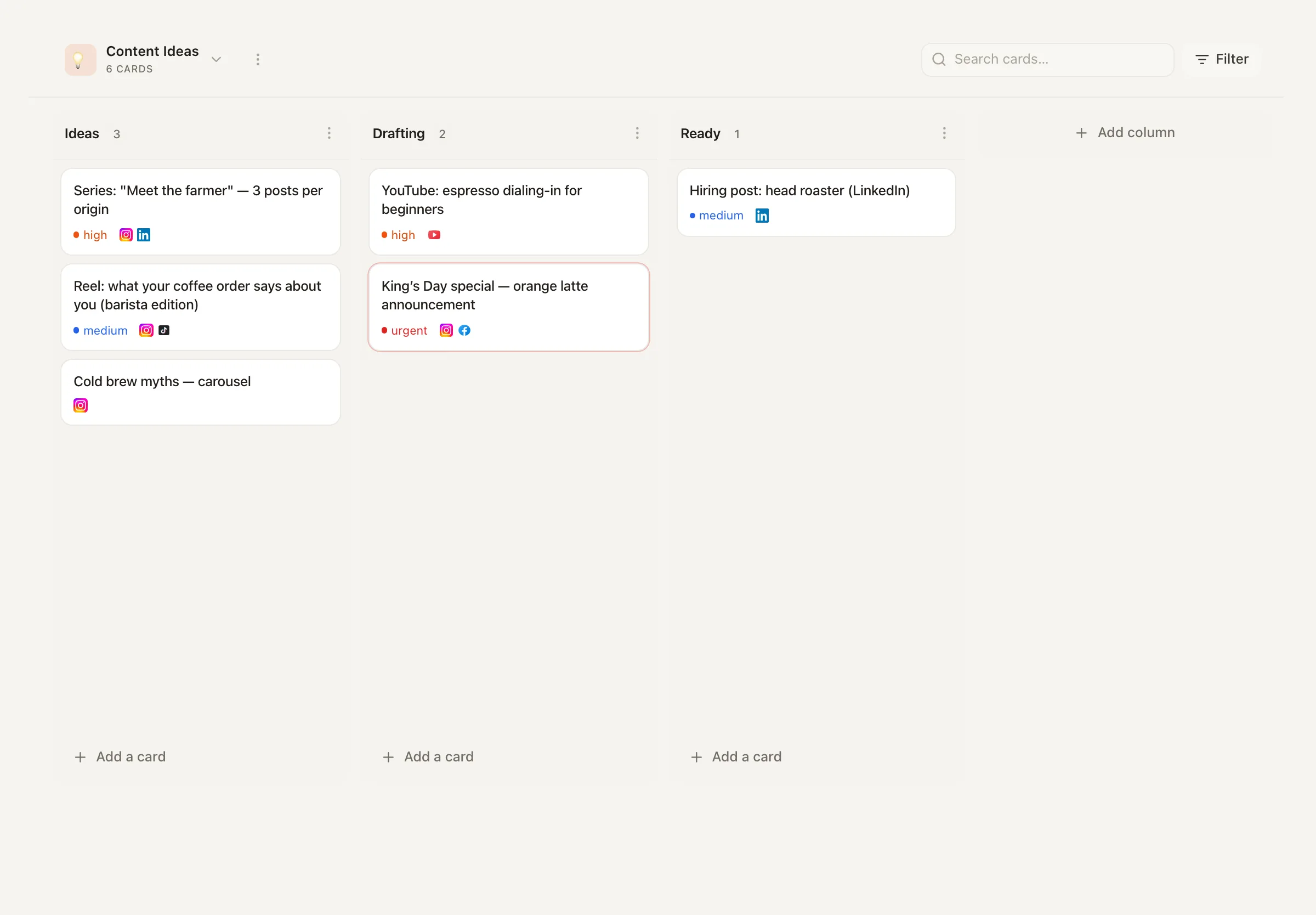 The Nimply Ideas board with Trend Scout's sourced angle cards arranged in a kanban view