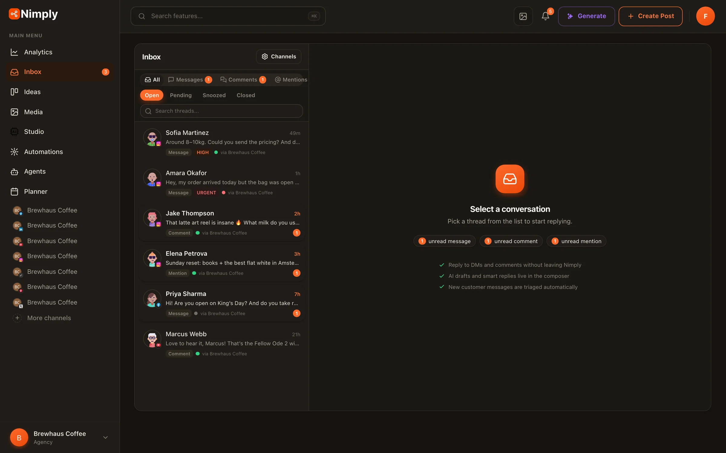 Nimply unified social media inbox: prioritized conversations with sentiment, urgency labels, and unread counts