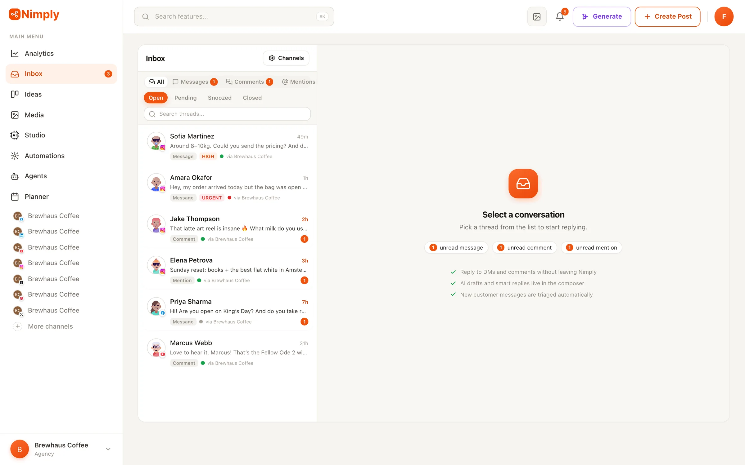 Nimply unified social media inbox: prioritized conversations with sentiment, urgency labels, and unread counts