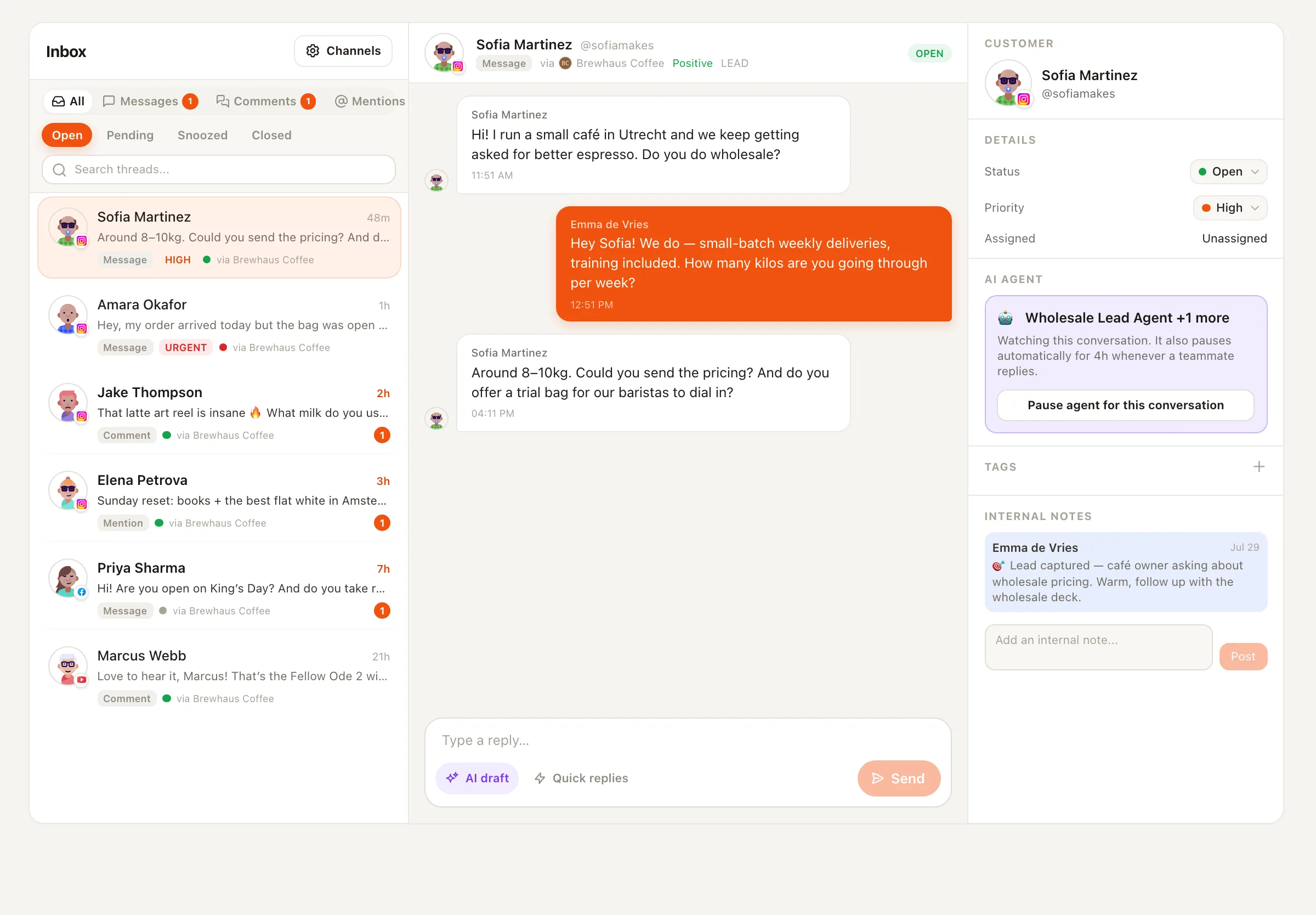 A customer conversation in Nimply with an AI agent watching it and an AI draft button in the composer