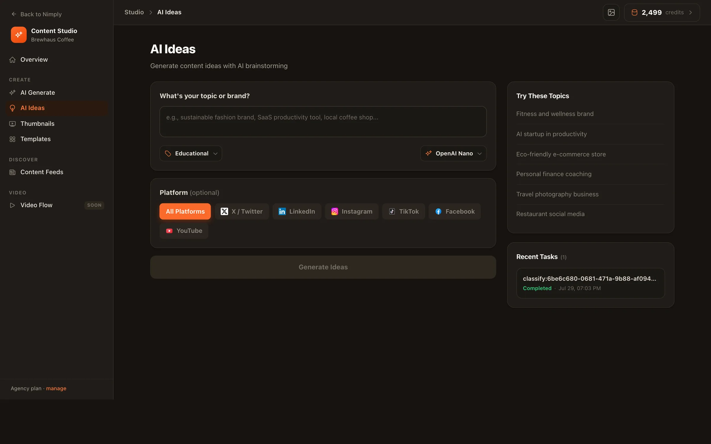 Nimply's AI Ideas tool streaming five content ideas with hooks, descriptions, and hashtags for a topic