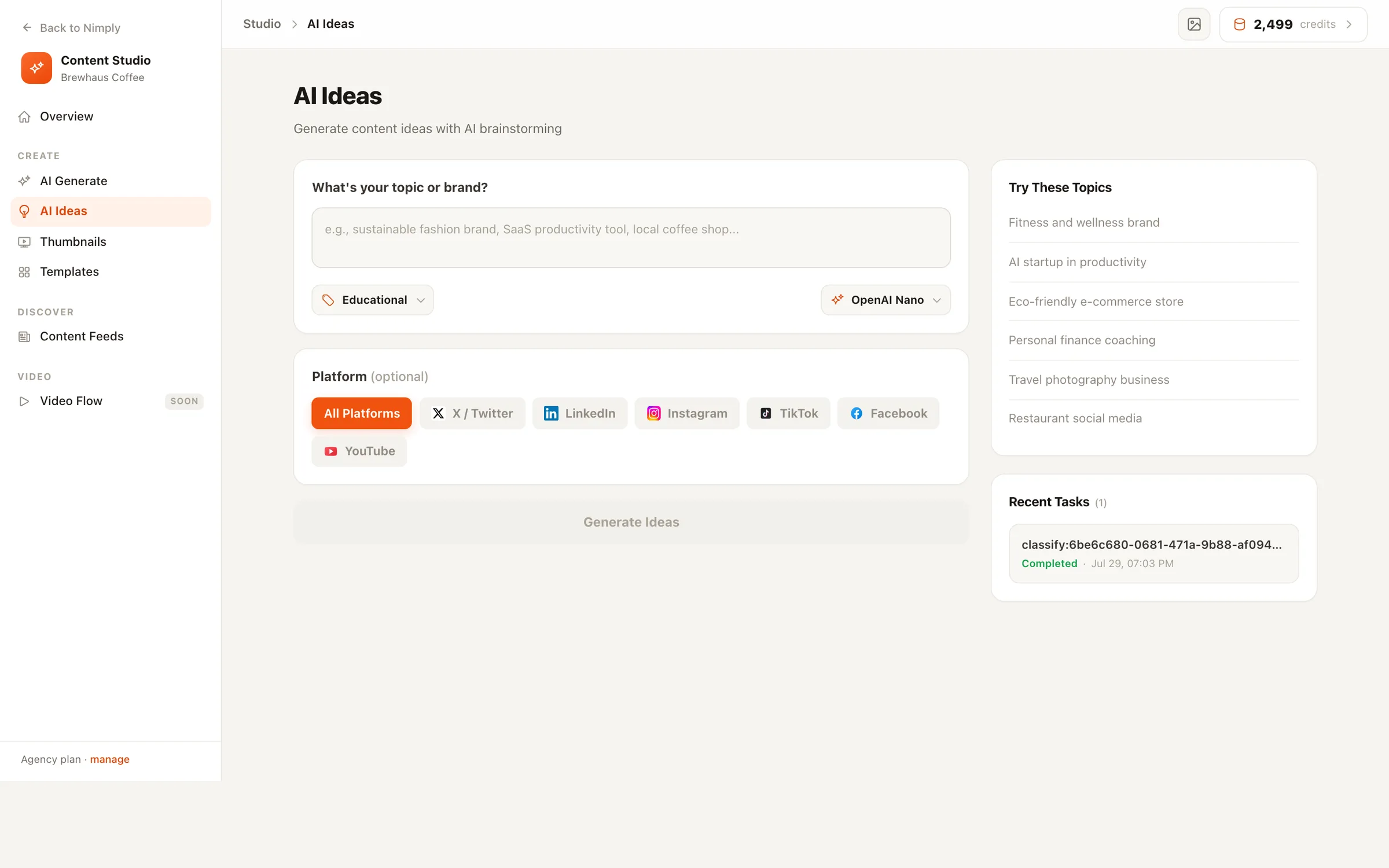 Nimply's AI Ideas tool streaming five content ideas with hooks, descriptions, and hashtags for a topic