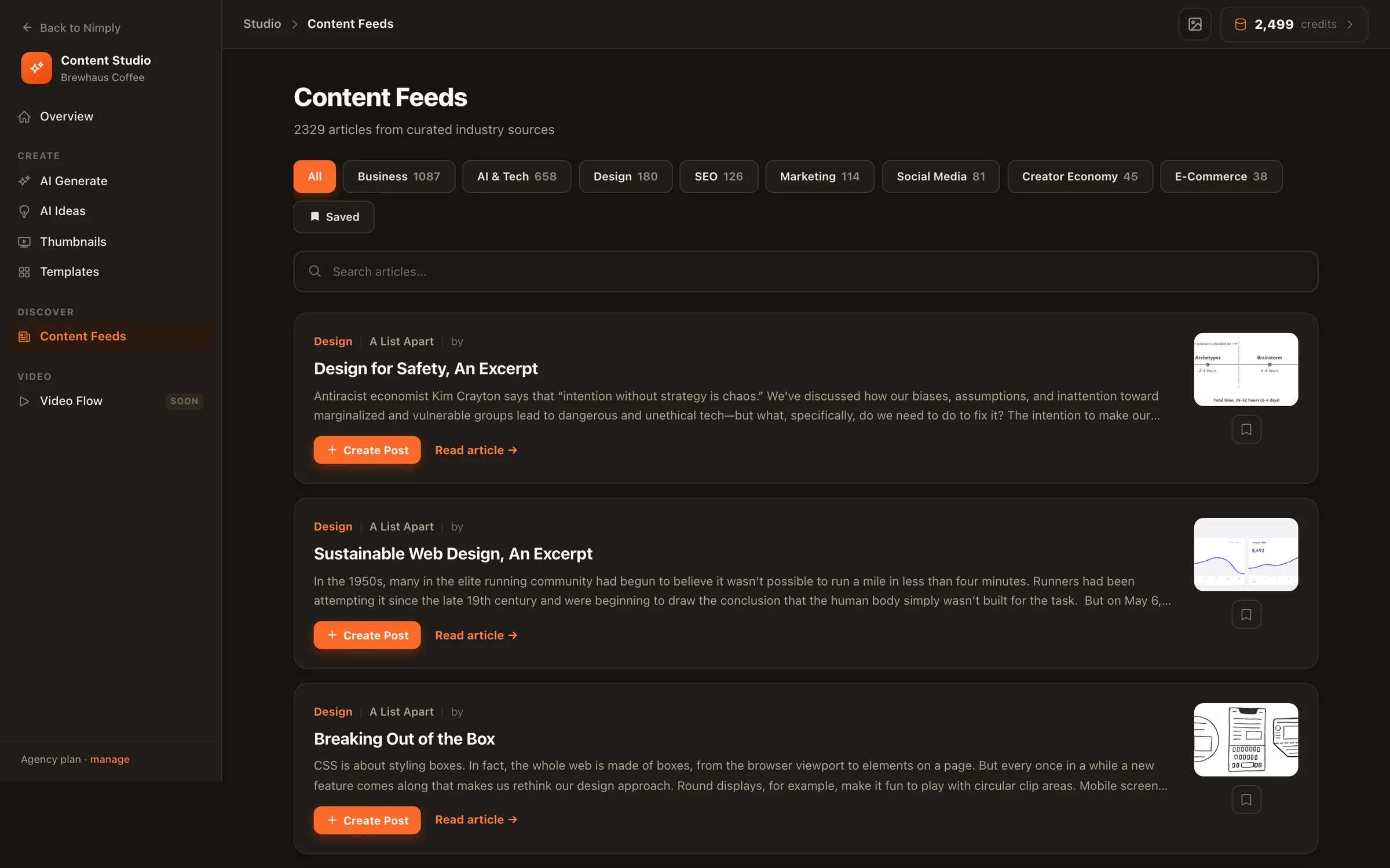 Nimply's Content Feeds showing curated industry articles with categories, sources, and Create Post buttons