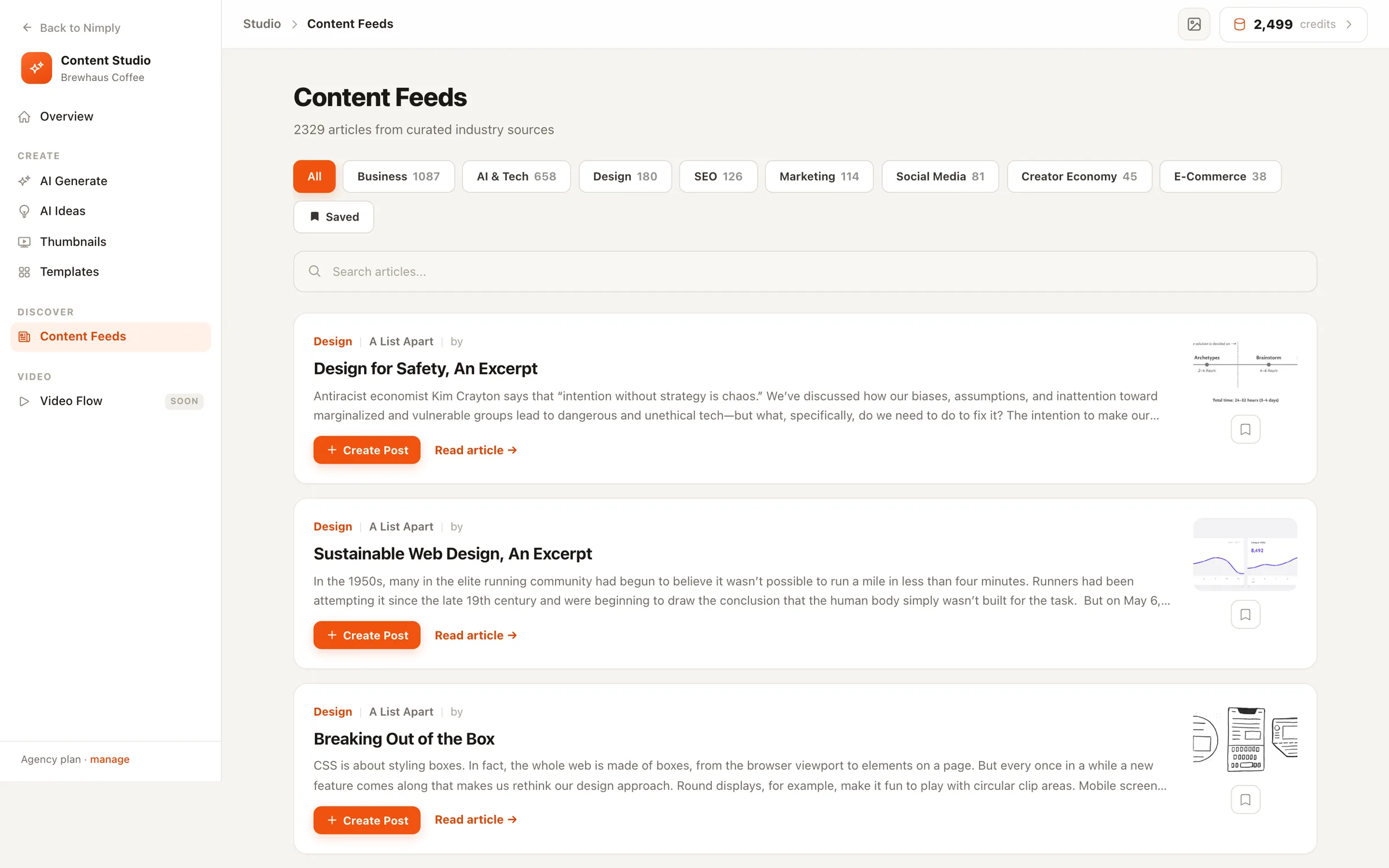 Nimply's Content Feeds showing curated industry articles with categories, sources, and Create Post buttons