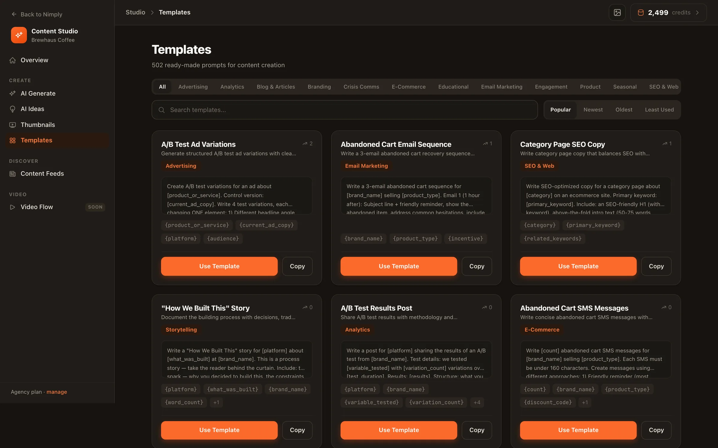 Nimply's template gallery showing ready-made AI prompt templates with categories, usage counts, and fill-in variables
