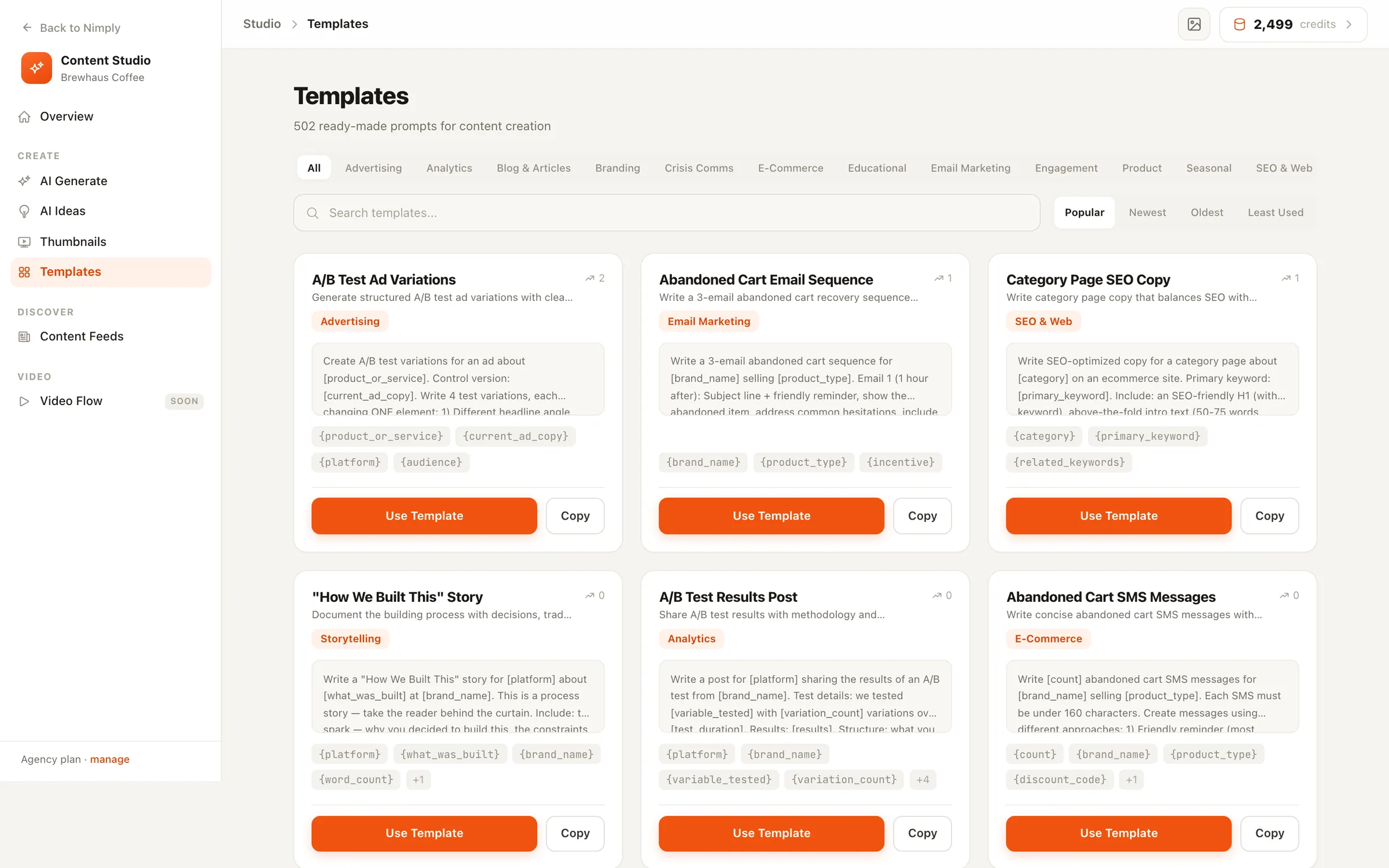 Nimply's template gallery showing ready-made AI prompt templates with categories, usage counts, and fill-in variables