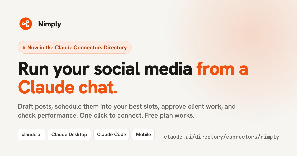 Nimply is now in the Claude Connectors Directory: run your social media from a Claude chat